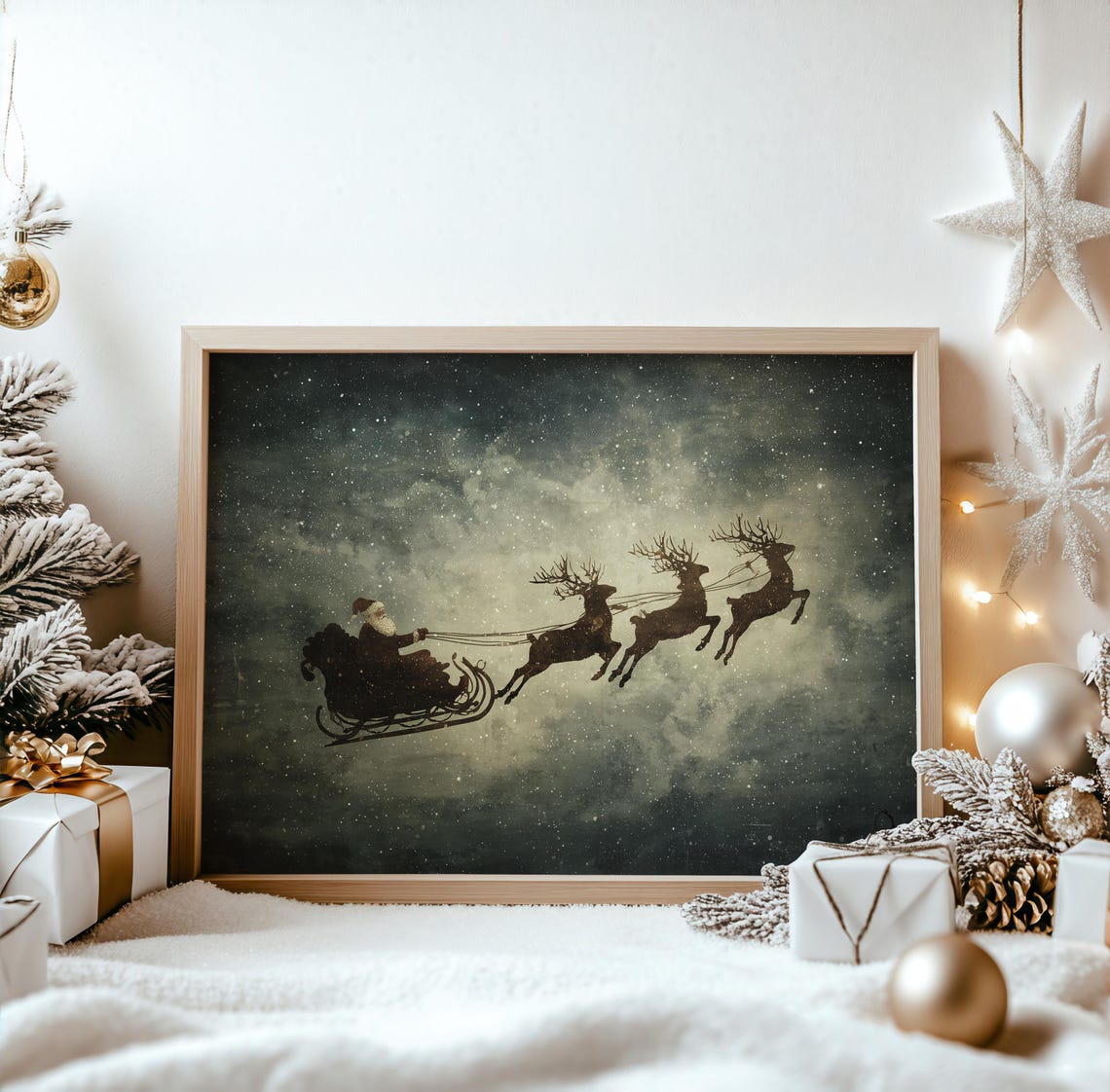 Santa Sleigh Reindeer Silhouette Starry Night Vintage Art Print