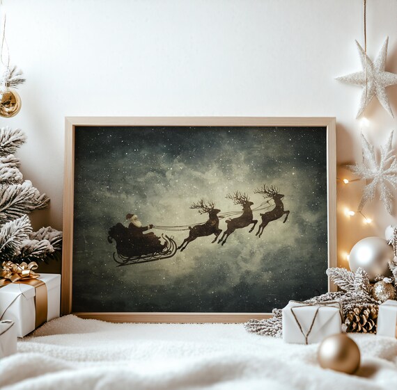 Santa Sleigh Reindeer Silhouette Starry Night Vintage Art Print