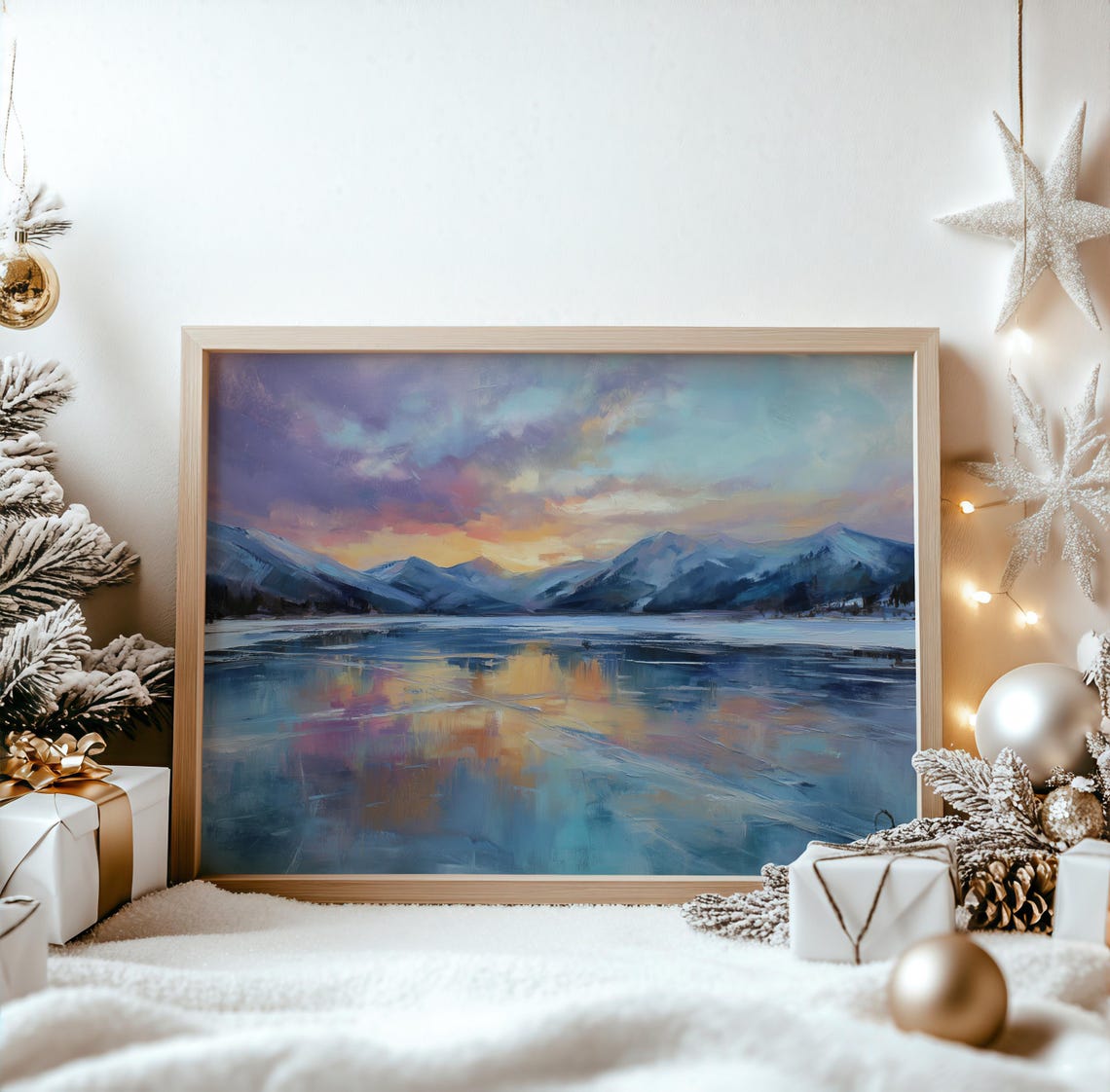 Snowy Mountain Sunset Lake Reflection Winter Painting Poster