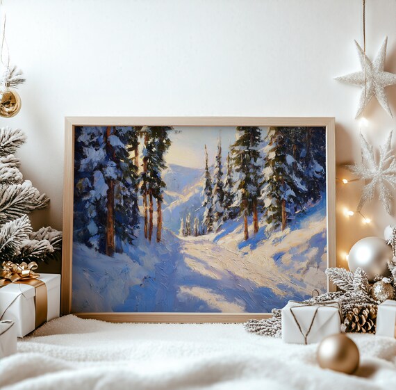 Snow Covered Mountain Path Among Tall Pines Winter Landscape Poster