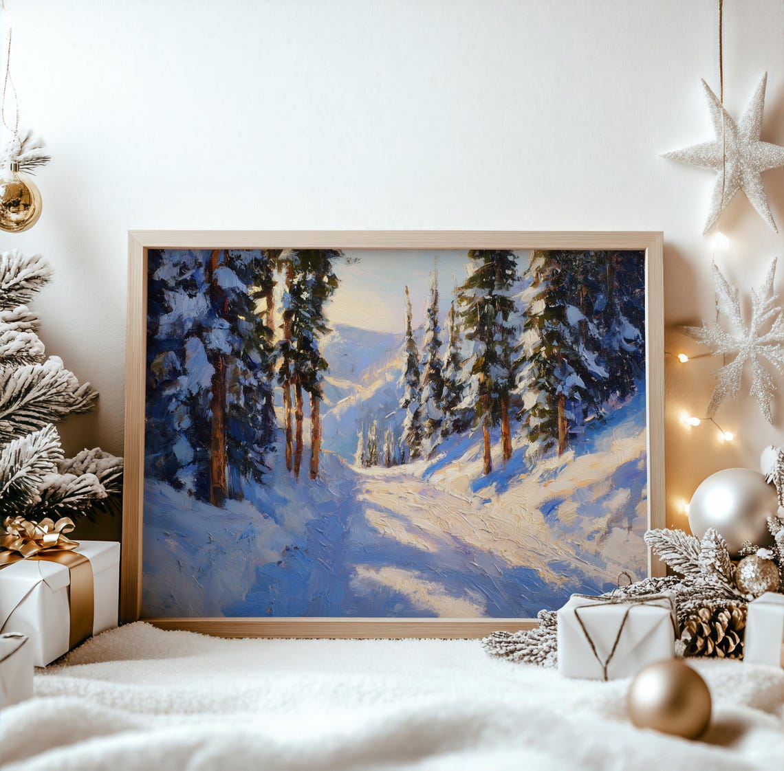 Snow Covered Mountain Path Among Tall Pines Winter Landscape Poster