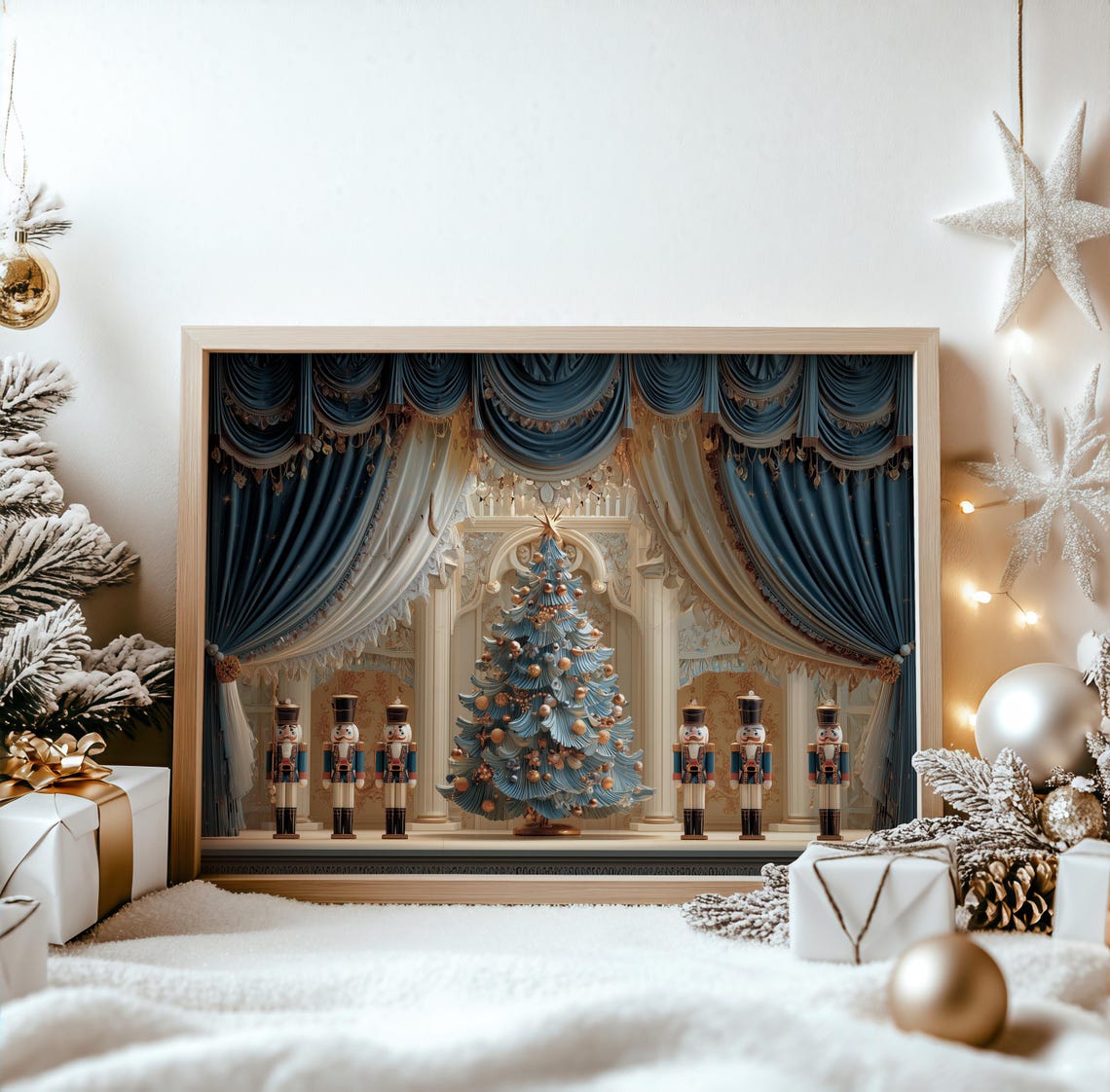 Nutcracker Christmas Theater Stage Blue Velvet Curtains Poster