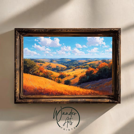 Autumn Hillside Landscape Print Rustic Fall Art Vibrant Countryside Scene Earthy Home Decor Harvest Painting 350