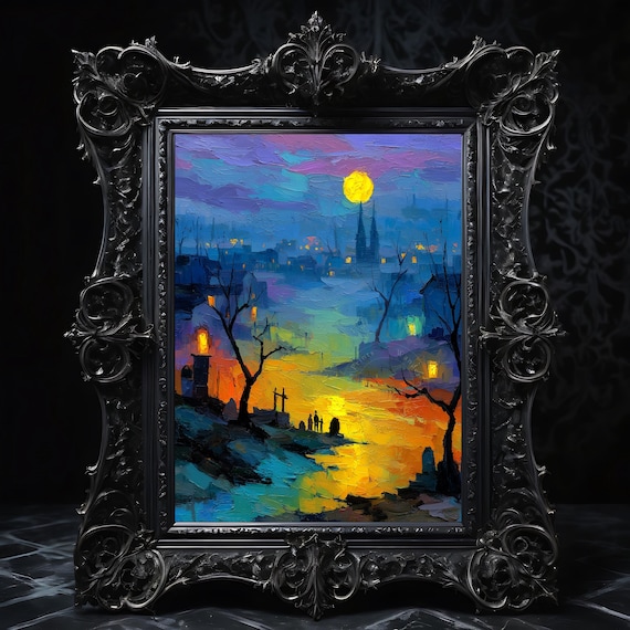 Moody Graveyard Scene At Midnight Halloween Wall Art Rustic Autumn Decor Spooky Cemetery Landscape Painting 168