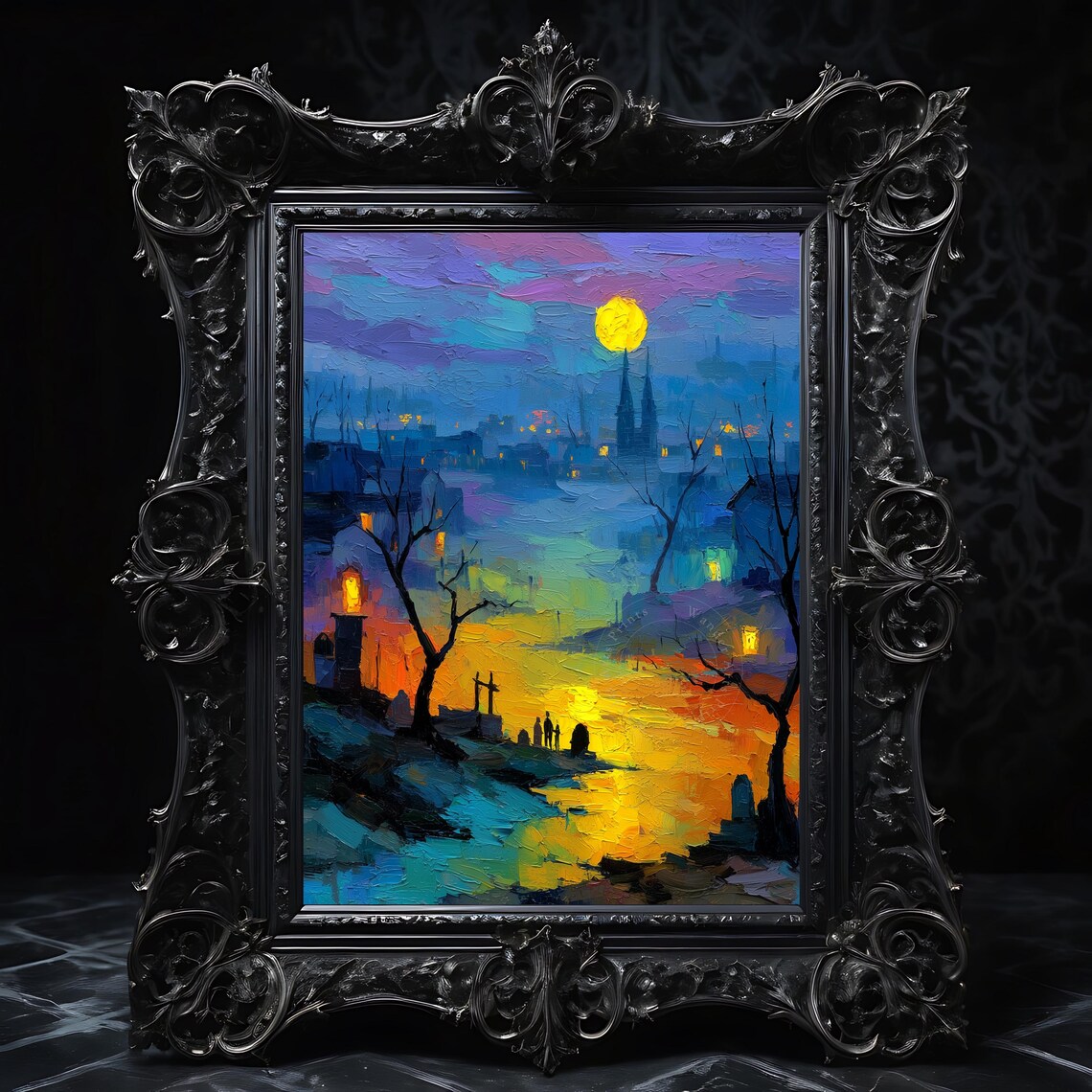 Moody Graveyard Scene At Midnight Halloween Wall Art Rustic Autumn Decor Spooky Cemetery Landscape Painting 168