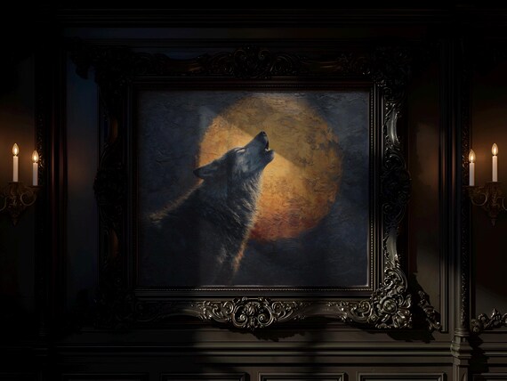 Autumn Werewolf Howling At Moon Rustic Halloween Wall Art Moody Oil Painting Spooky Fall Decor Night Scene 106