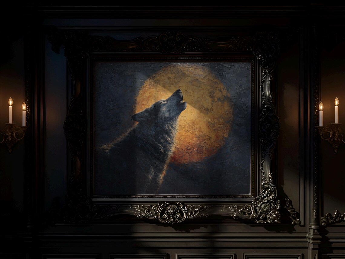 Howling Wolf Under Golden Full Moon Moody Night Oil Painting Wall Art