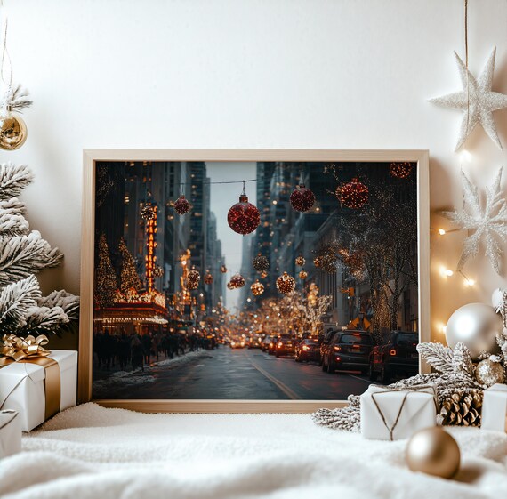 Festive City Avenue Christmas Street Lights Night Holiday Poster