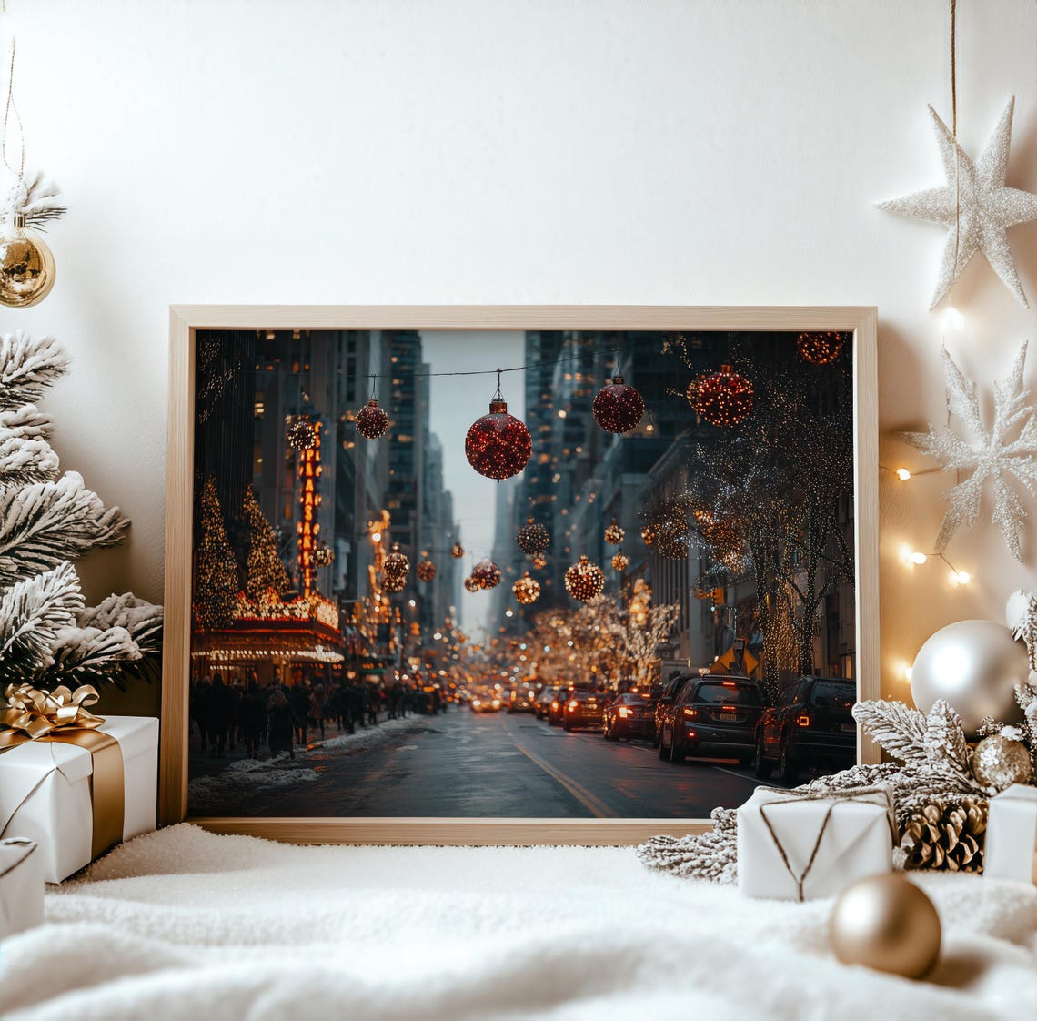 Festive City Avenue Christmas Street Lights Night Holiday Poster