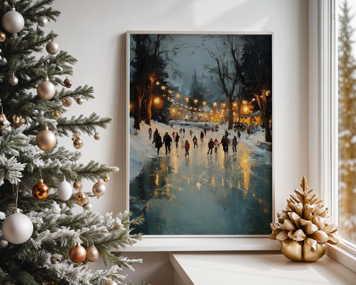 Winter Dusk Ice Skating Party On Frozen River Painting Poster