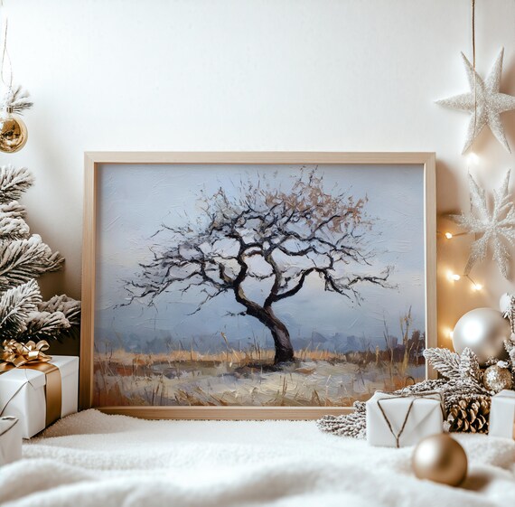 Frosty Winter Oak Tree Bare Branches Rustic Landscape Painting Poster