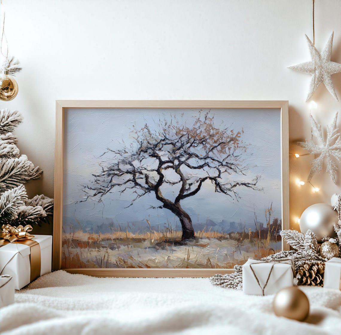 Frosty Winter Oak Tree Bare Branches Rustic Landscape Painting Poster