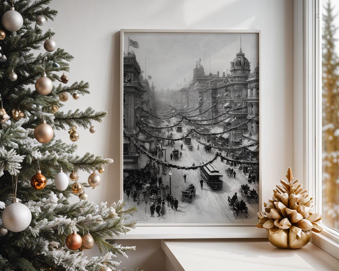 Vintage Black White City Boulevard Winter Street Scene Poster