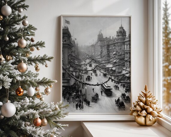 Vintage Black White City Boulevard Winter Street Scene Poster