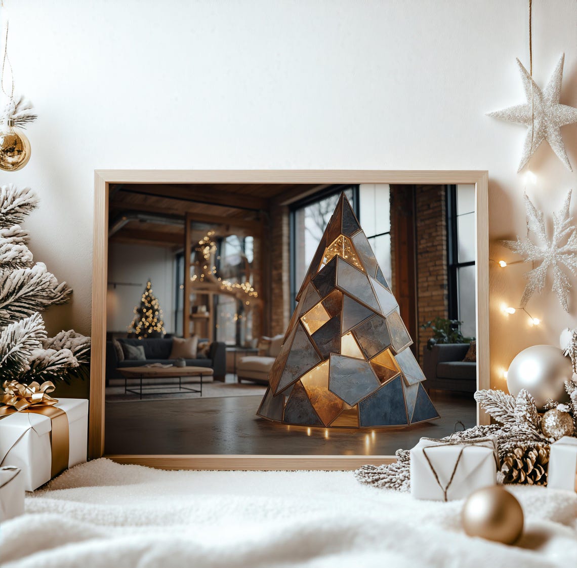 Modern Geometric Metal Christmas Tree Lantern in Loft Wall Art