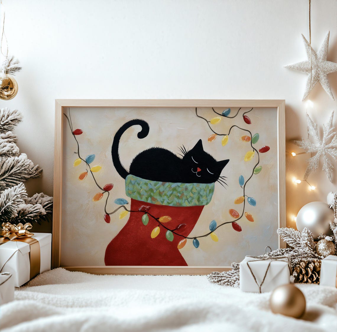 Black Cat Sleeping in Christmas Stocking Festive Winter Wall Art