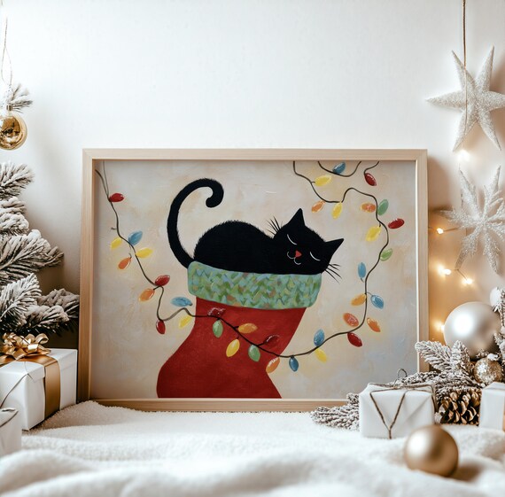 Black Cat Sleeping in Christmas Stocking Festive Winter Wall Art
