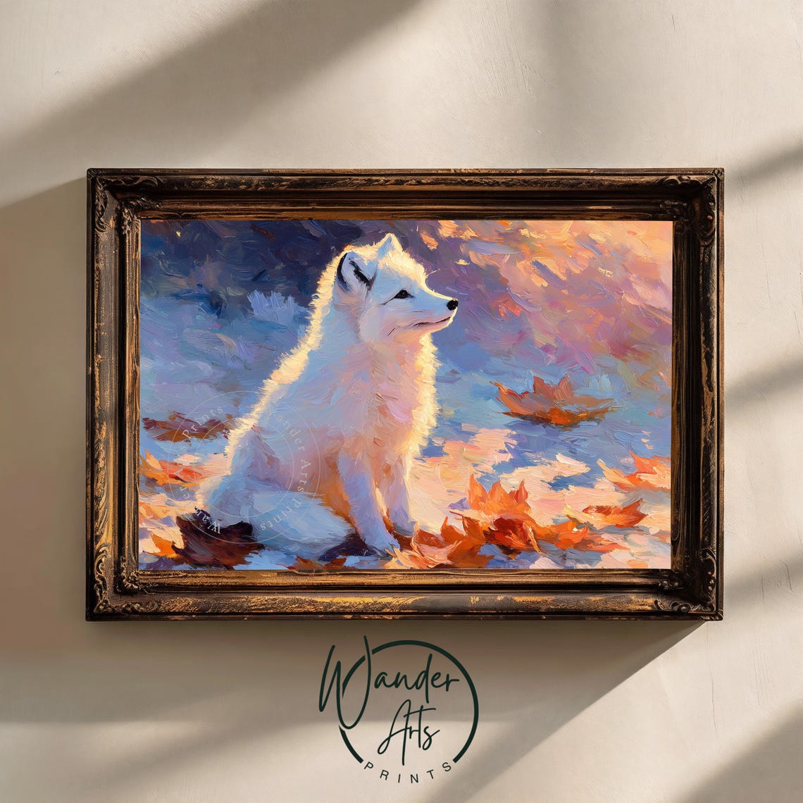 White Fox In Snow Among Autumn Leaves Warm Glow Oil Painting Poster