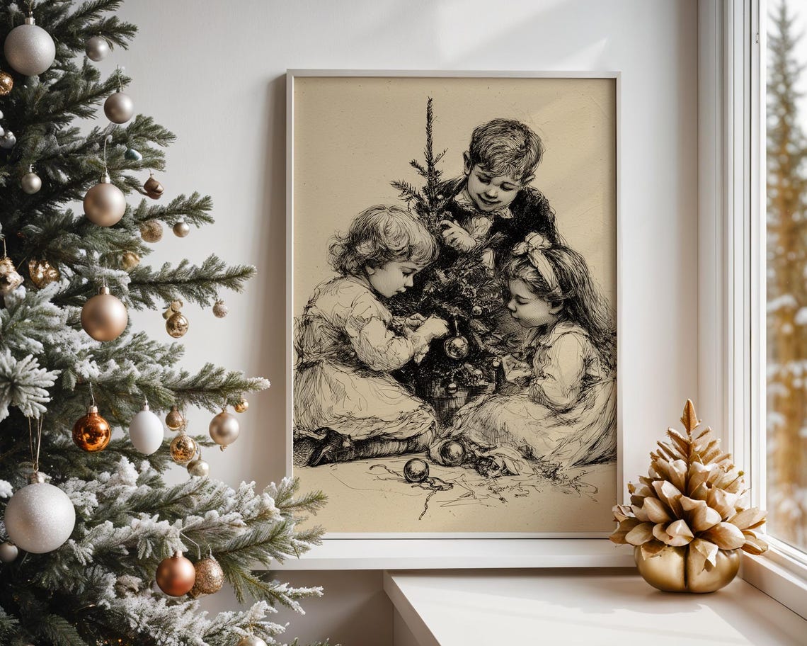 Vintage Children Decorating Christmas Tree Sketch Holiday Art Print