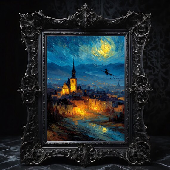 Gothic Witch At Dusk Halloween Wall Art Moody Autumn Scene Rustic Vintage Decor On Broomstick Oil Painting 192
