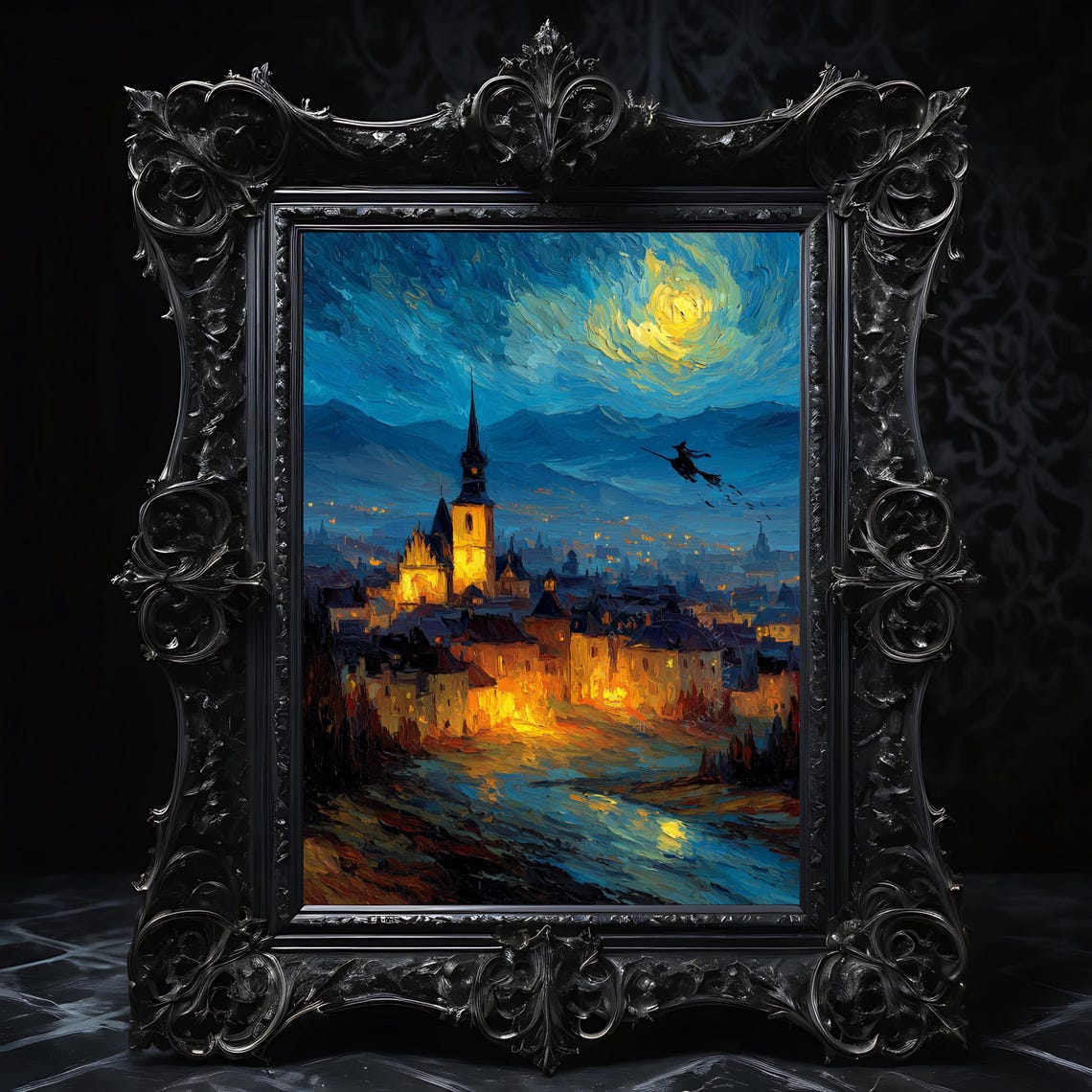 Witch over Moonlit Village Starry Night Halloween Flight Poster