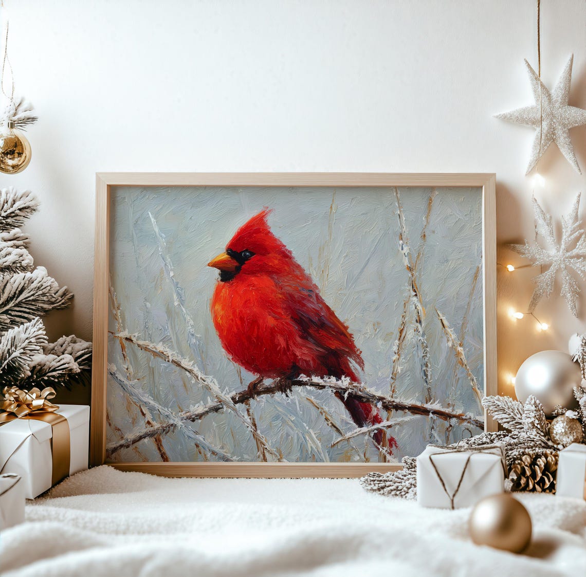Vivid Red Cardinal Frosty Branch Winter Bird Painting Poster
