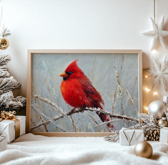Vivid Red Cardinal Frosty Branch Winter Bird Painting Poster