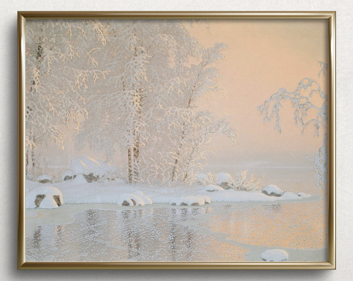 Pastel Winter Birch Trees Frozen Lake Blush Pink Snow Scene Poster