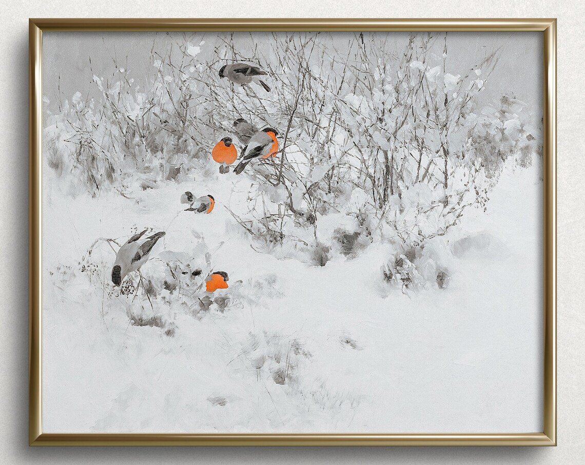 Winter Red Birds in Snowy Branches Vintage Wildlife Art Print