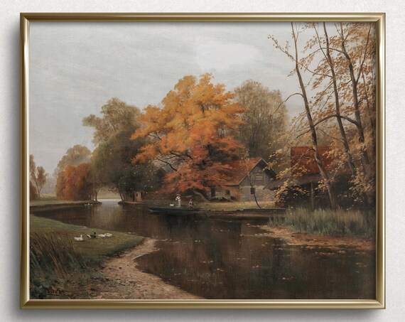 Autumn Cabin Moody Autumn Art Autumn Cottage Painting Vintage Autumn Painting L46