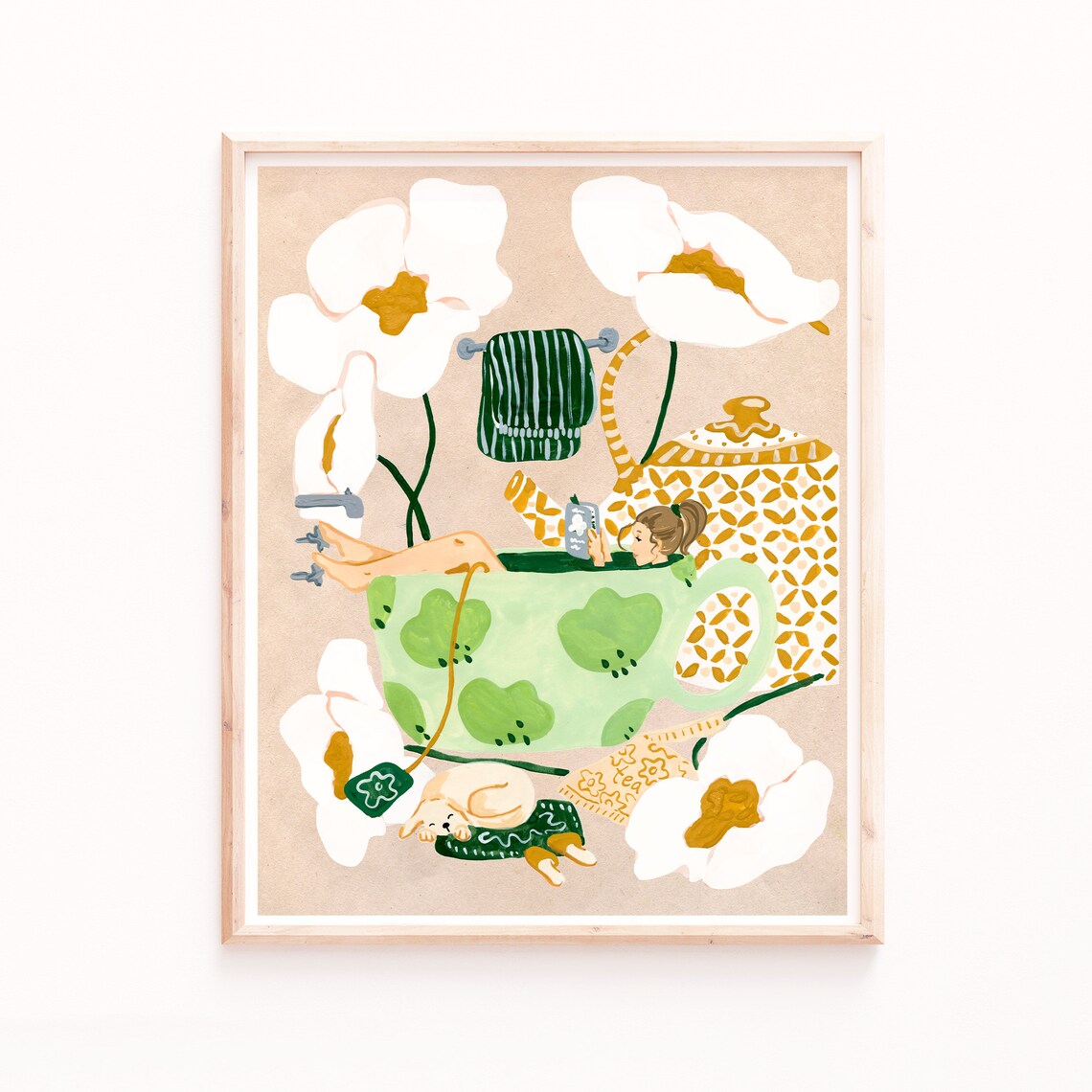 Tea Bath Art Print, Neutral Floral Bathroom Decor