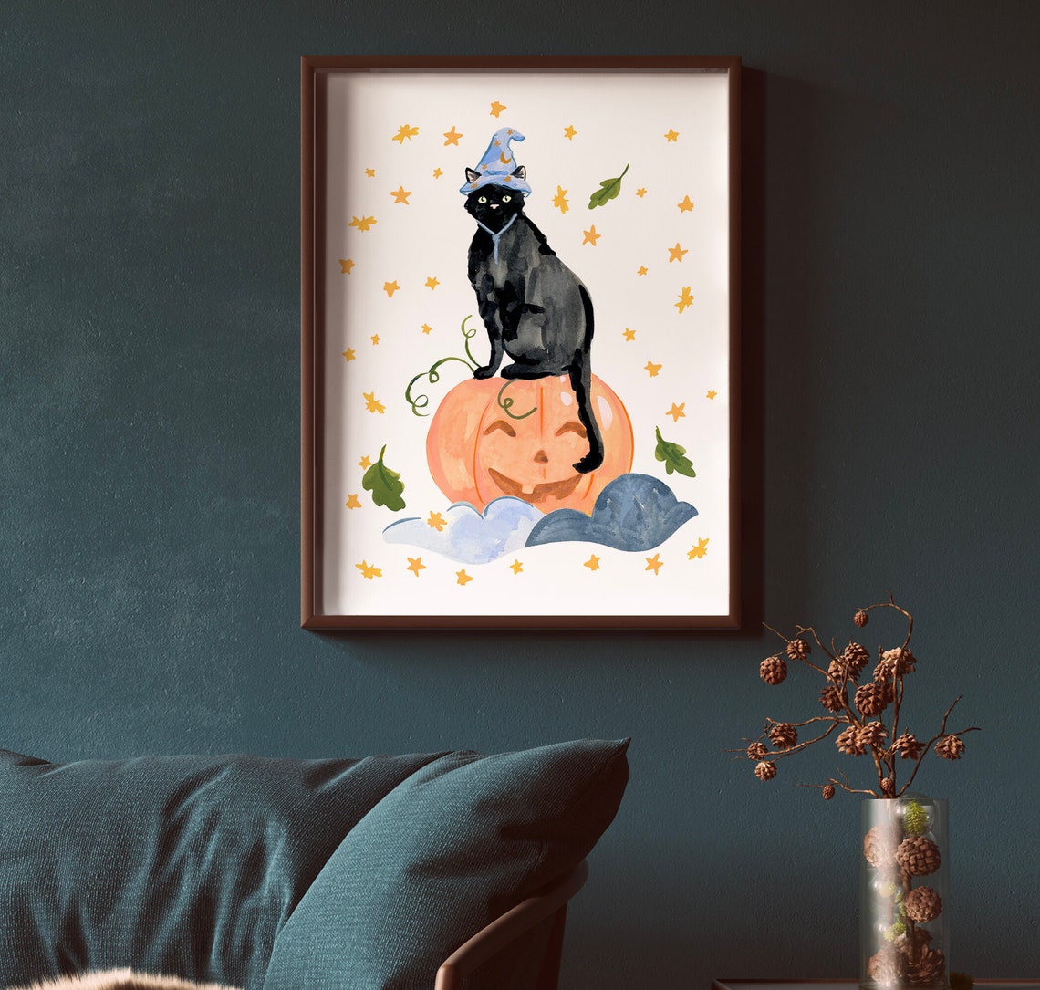 Black Witch Cat Halloween Art Print - Image 2