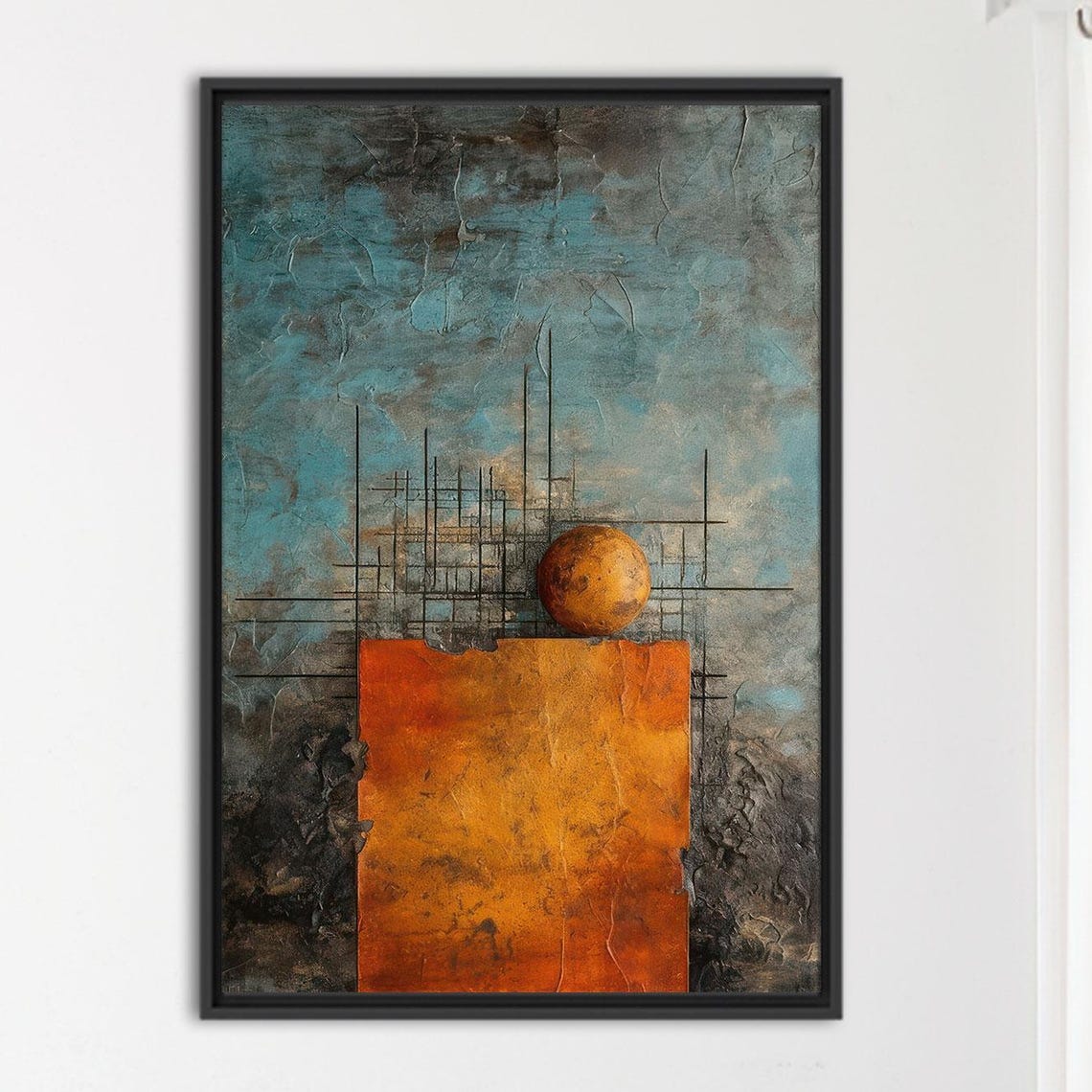 Modern Abstract Geometric Canvas Wall Art Orange And Blue Minimalist Texture Poster Contemporary Industrial Shape Artwork For Home