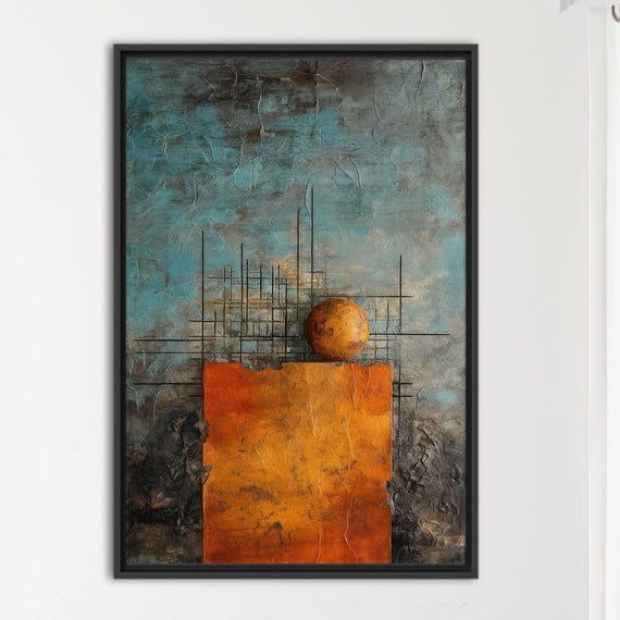 Modern Abstract Geometric Canvas Wall Art Orange And Blue Minimalist Texture Poster Contemporary Industrial Shape Artwork For Home