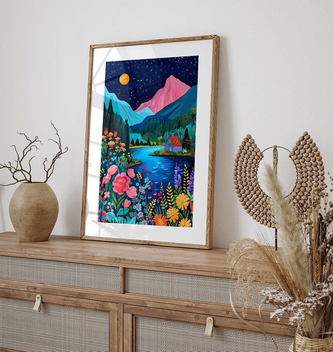 Moonlit Mountain Valley Lake Cabin Night Floral Folk Art Poster - Image 3