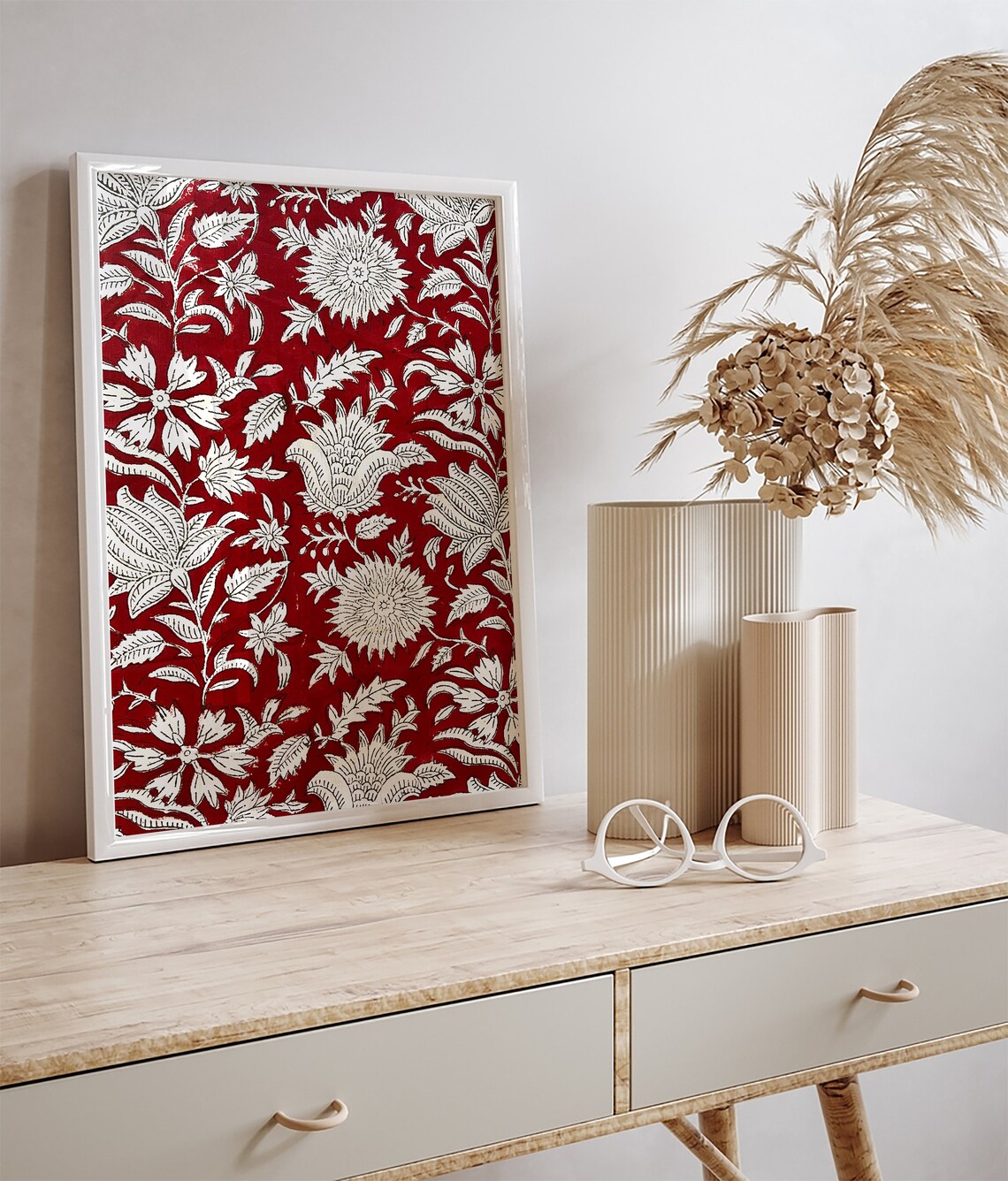 Deep Red Indian Floral Block-Printed Jaipur Palace Motif Poster - Image 2