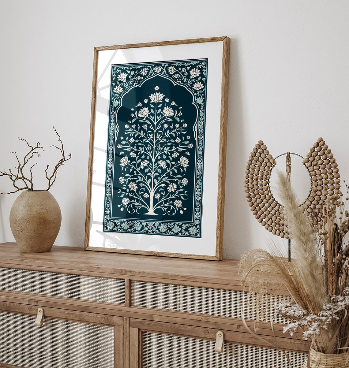 White on Teal Mughal Floral Arch Panel Classic Indian Art Poster - Image 3
