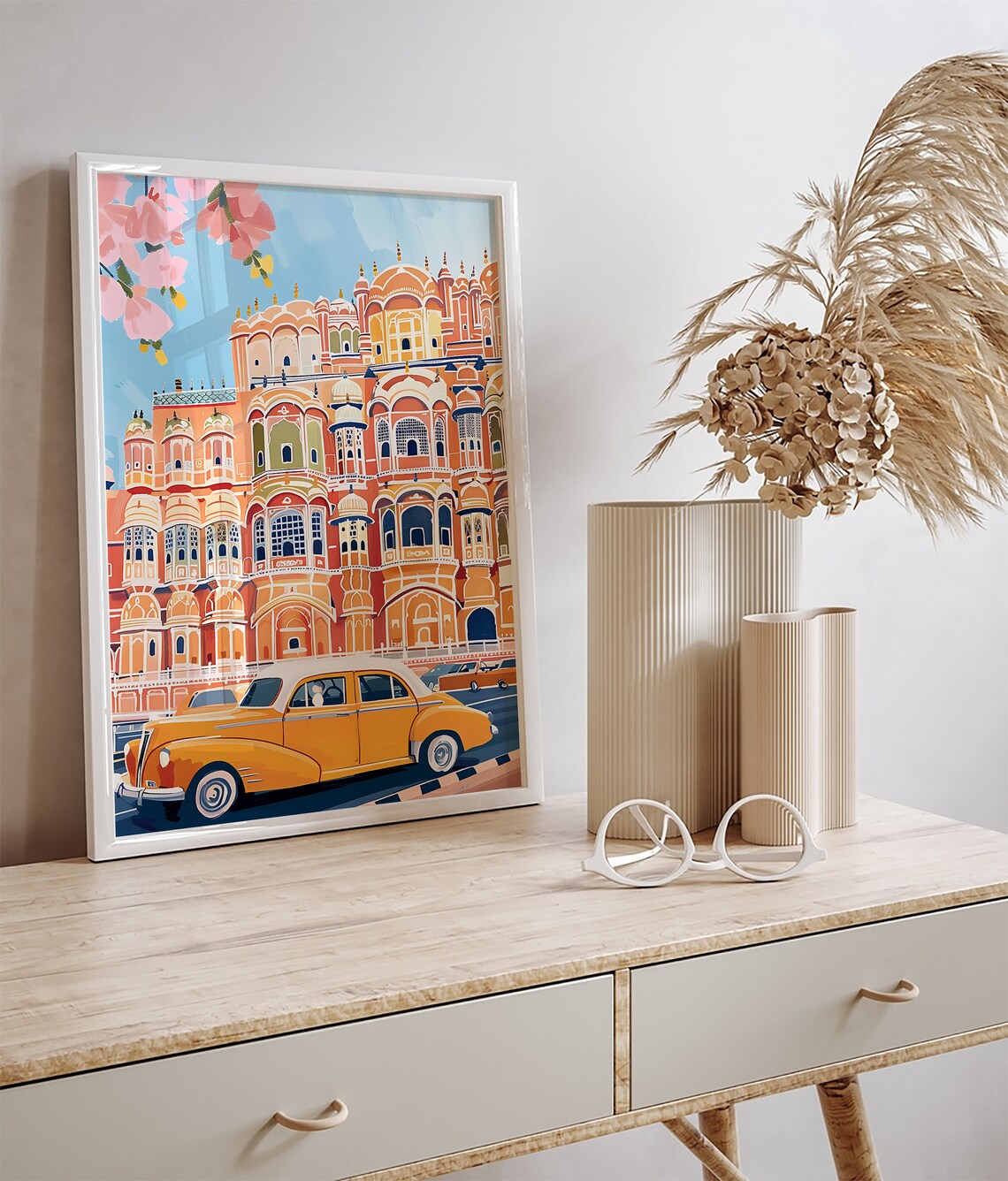 Hawa Mahal Jaipur Pink Facade Vintage Yellow Taxi Street Scene Poster - Image 3