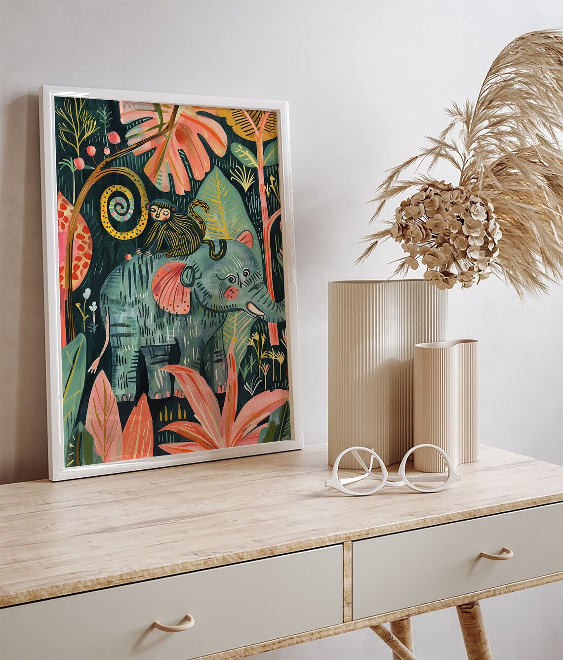 Baby Elephant With A Monkey Riding In A Tropical Jungle Kids Nursery Poster - Image 3