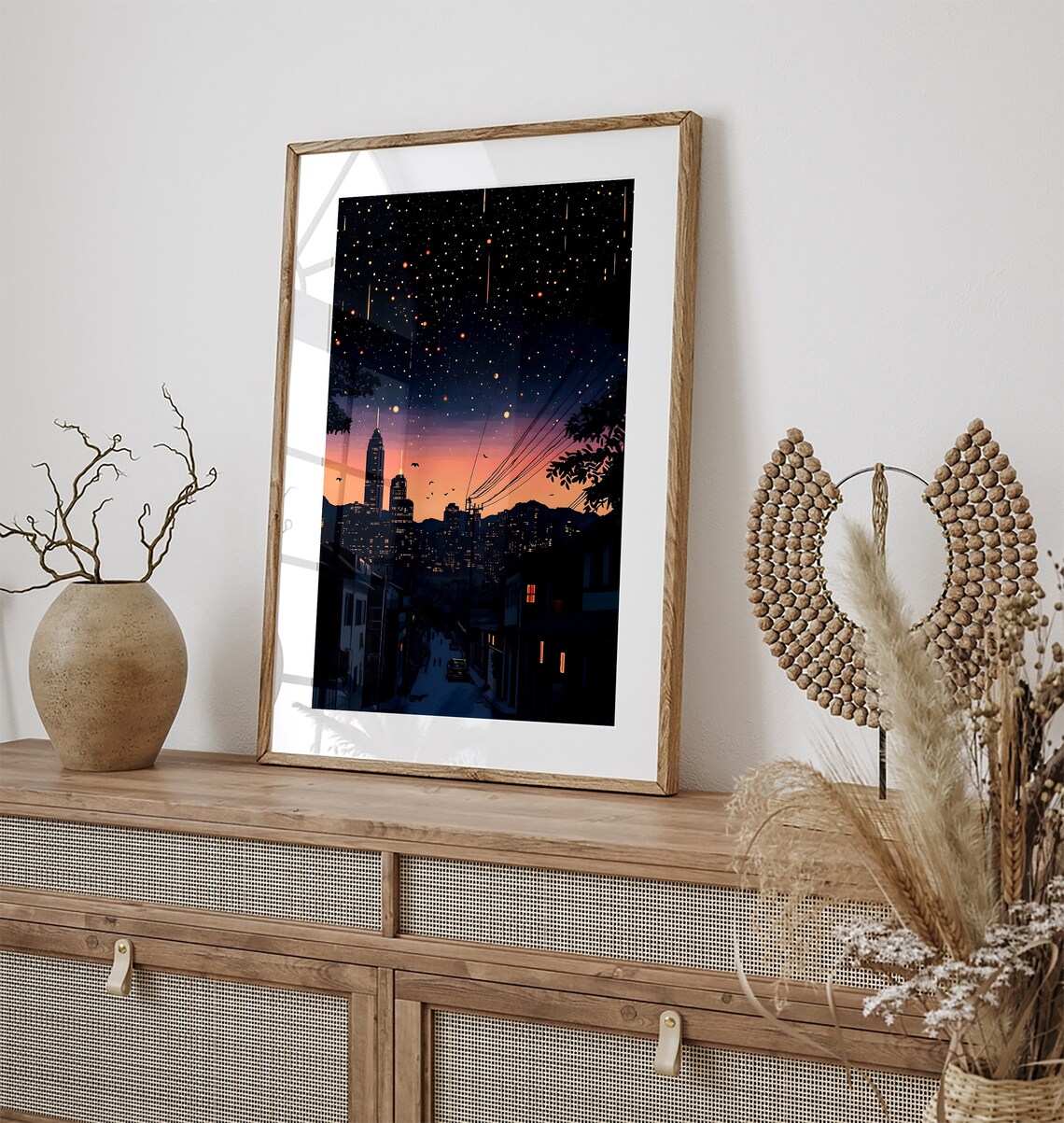 Shooting Stars Night Skyline City Street Anime Painting Style Poster - Image 2