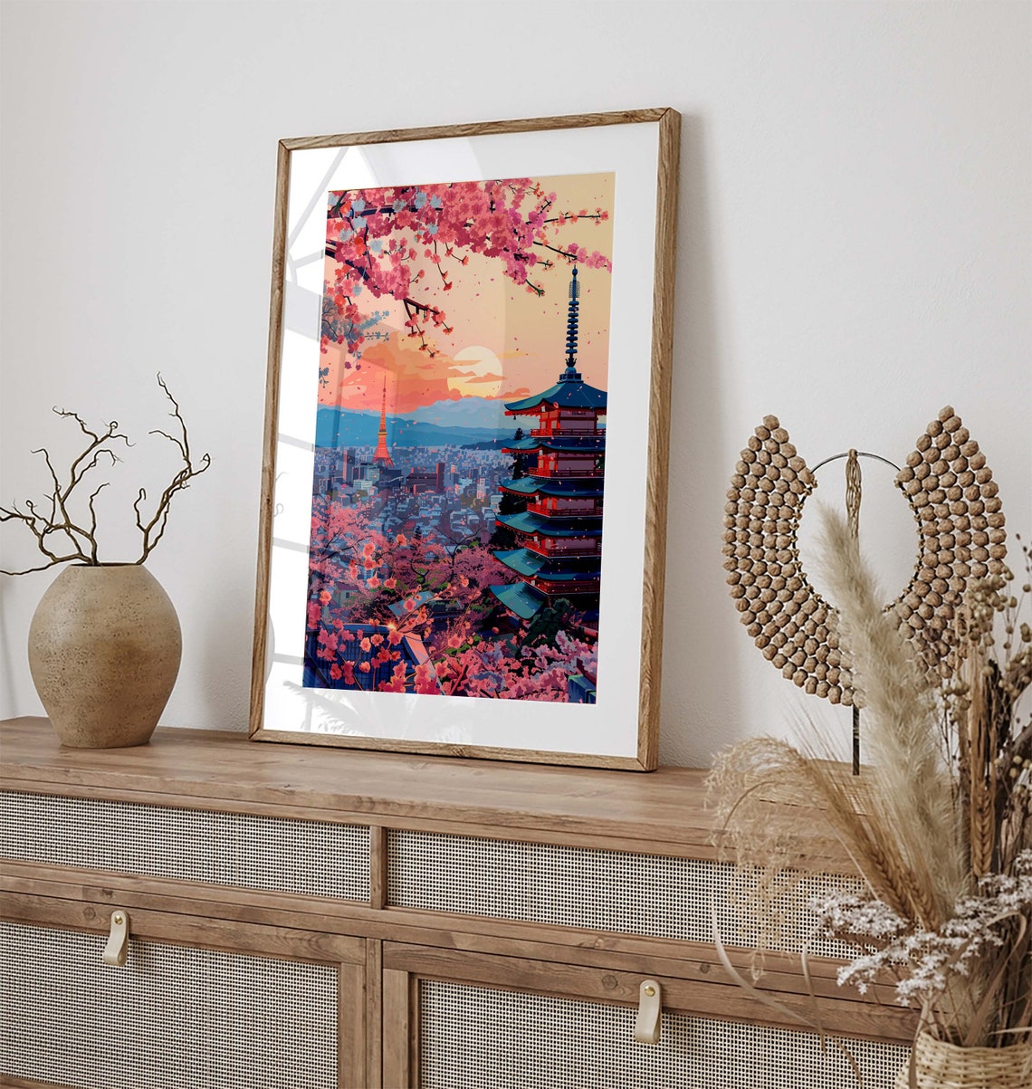 Japanese Cherry Blossom Travel Art Print Japanese Cityscape Poster Instant Pink Floral City Japan Wall Art Paintings - Image 3