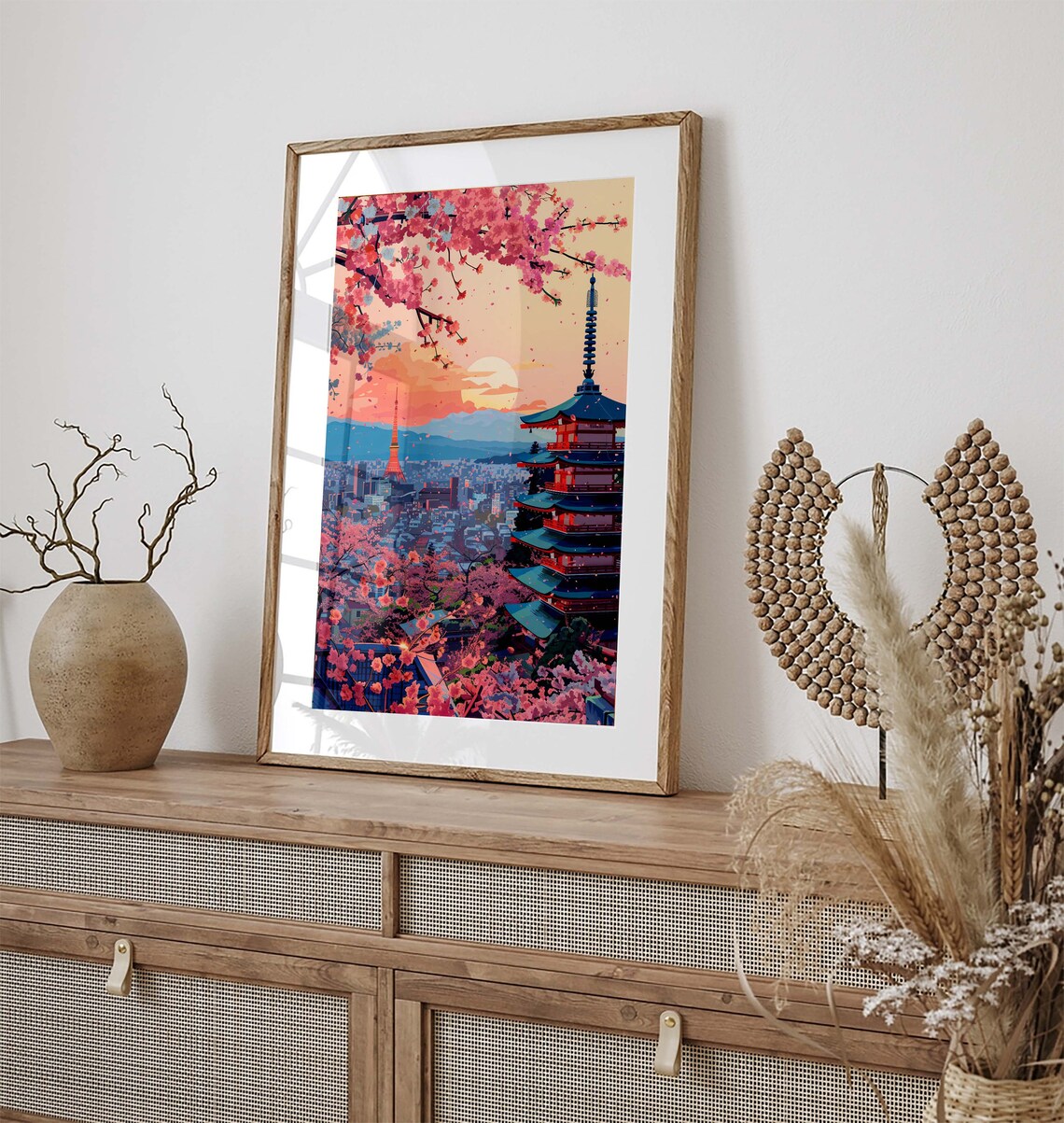 Tokyo Cherry Blossom Cityscape With Red Pagoda at Sunset Poster - Image 3