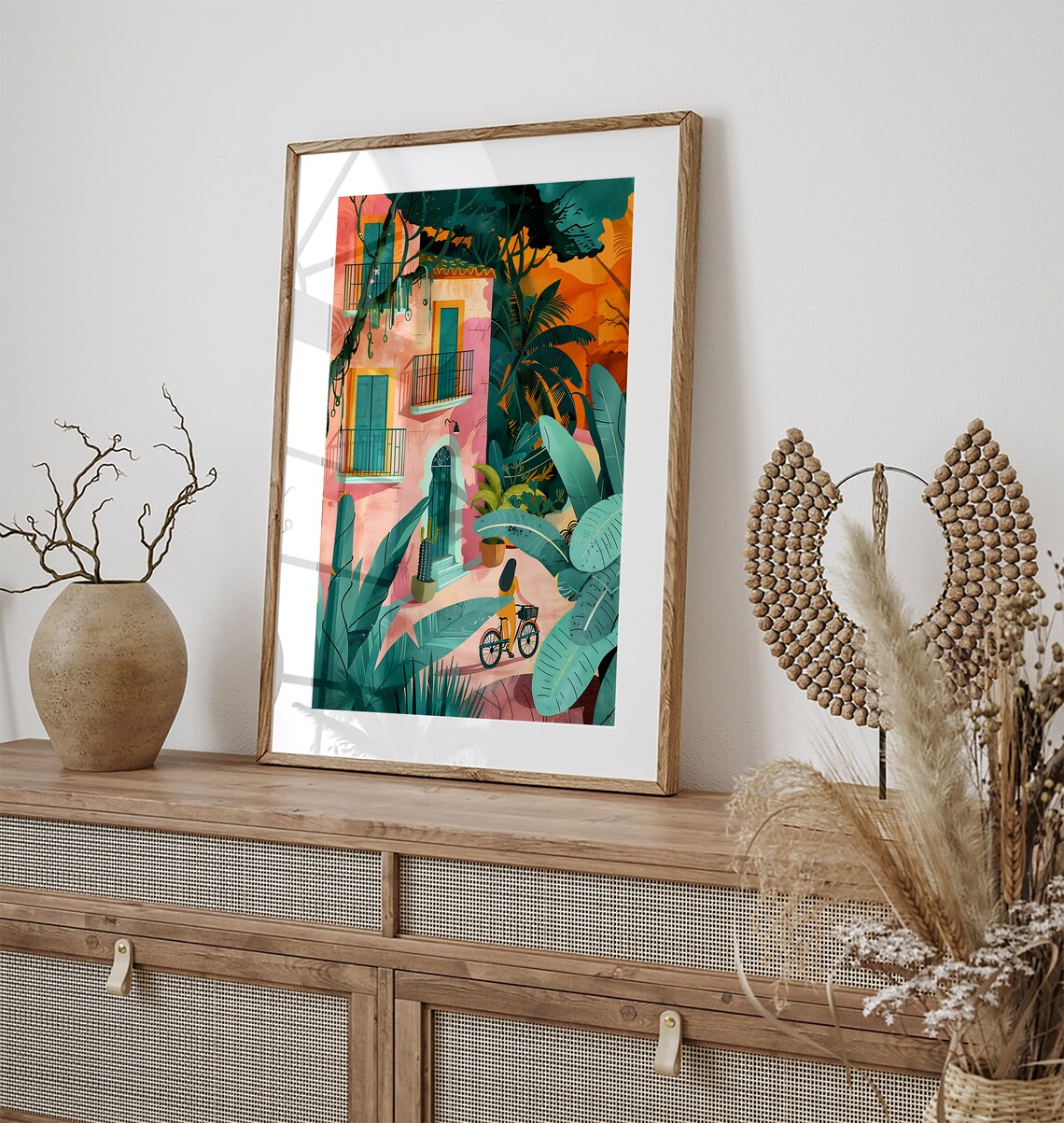 Mexican Woman Cycling Tropical Courtyard Travel Illustration Poster - Image 3
