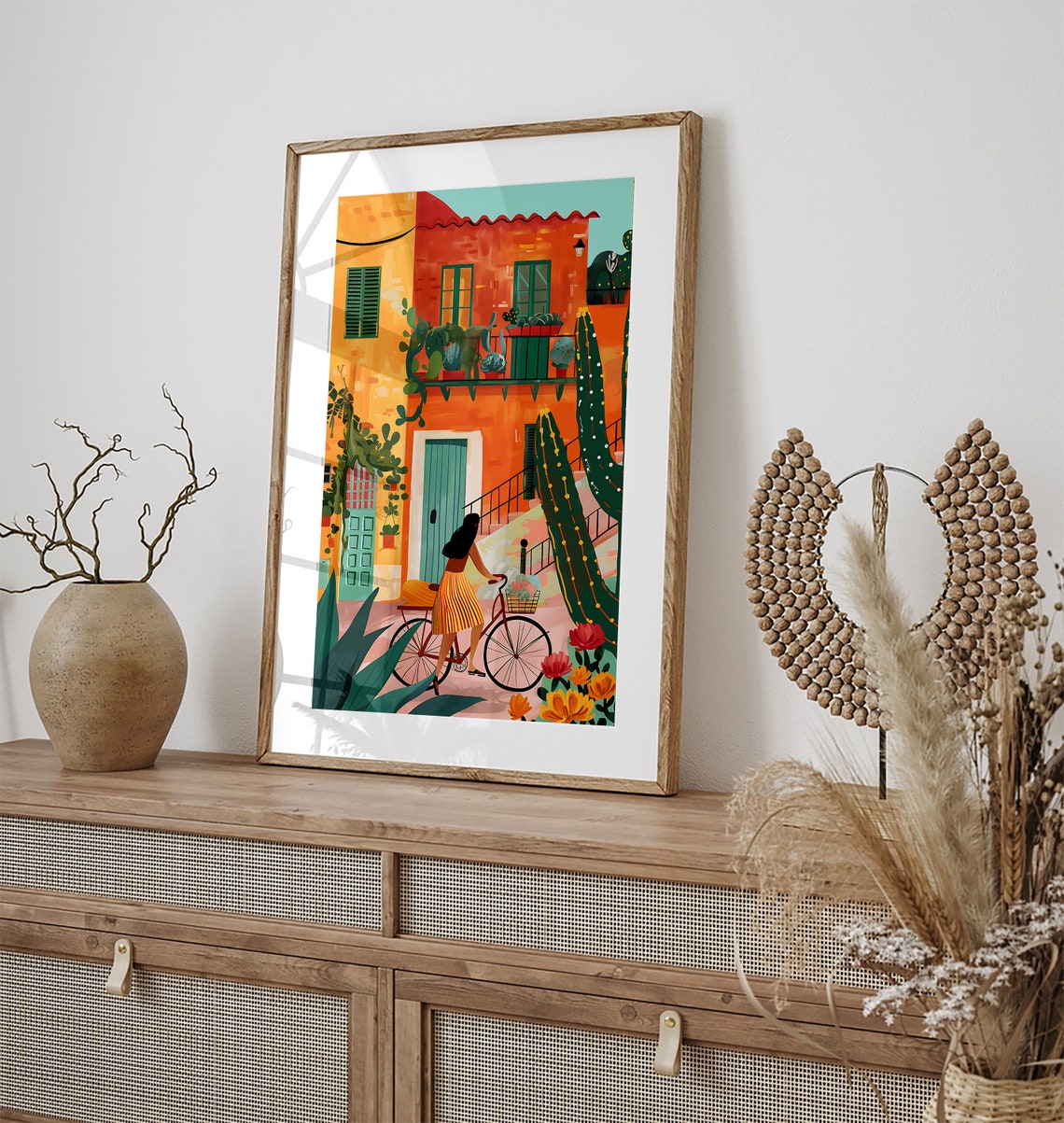 Mexican Girl Cycling Travel Art Print Print Poster Cityscape Wall Art Mexico Art Print Summer Floral Travel Poster - Image 3