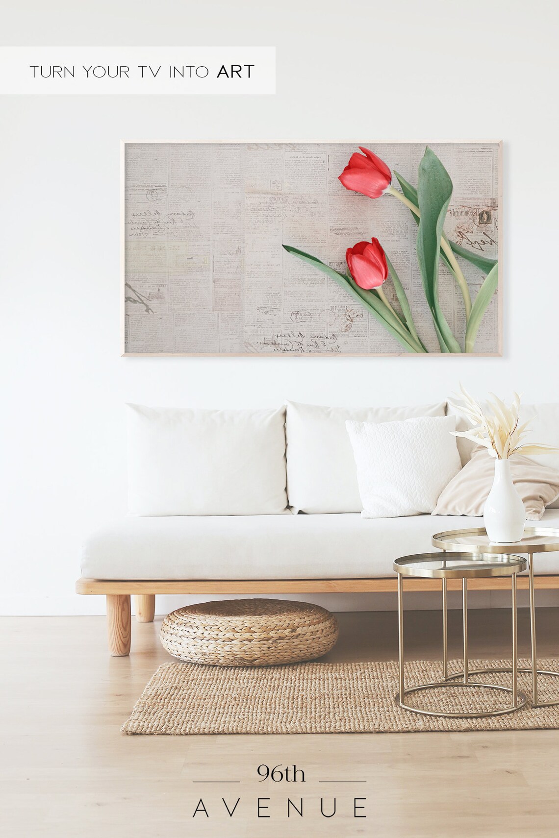 Two Red Tulips on Vintage Newspaper Background Spring Photo Poster - Image 2
