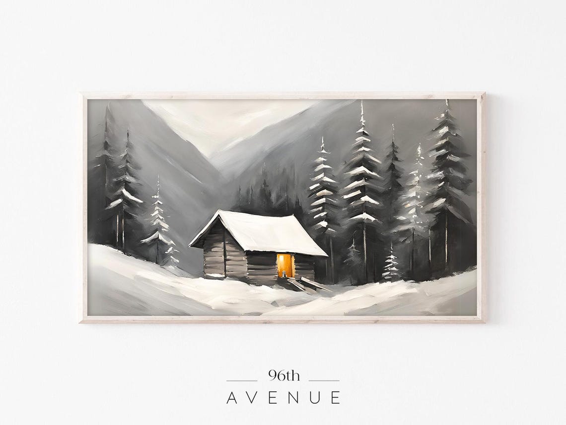 Winter Mountain Cabin with Glowing Window Snowy Forest Poster