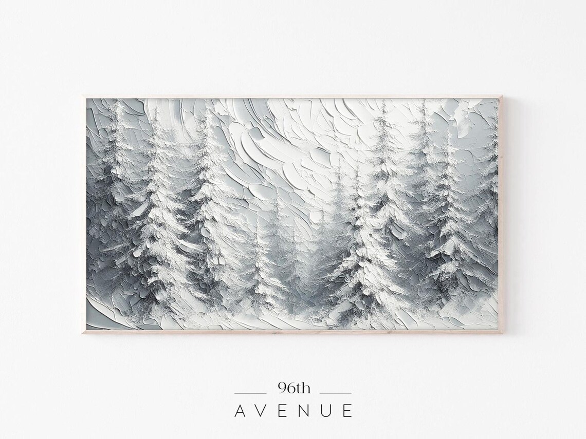 Snow Covered Pines Impasto Painting White Winter Landscape Wall Art