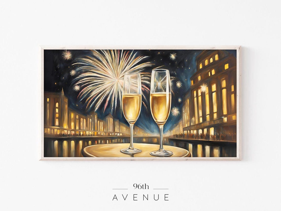 New Year Champagne Toast Vintage Fireworks Waterfront Poster
