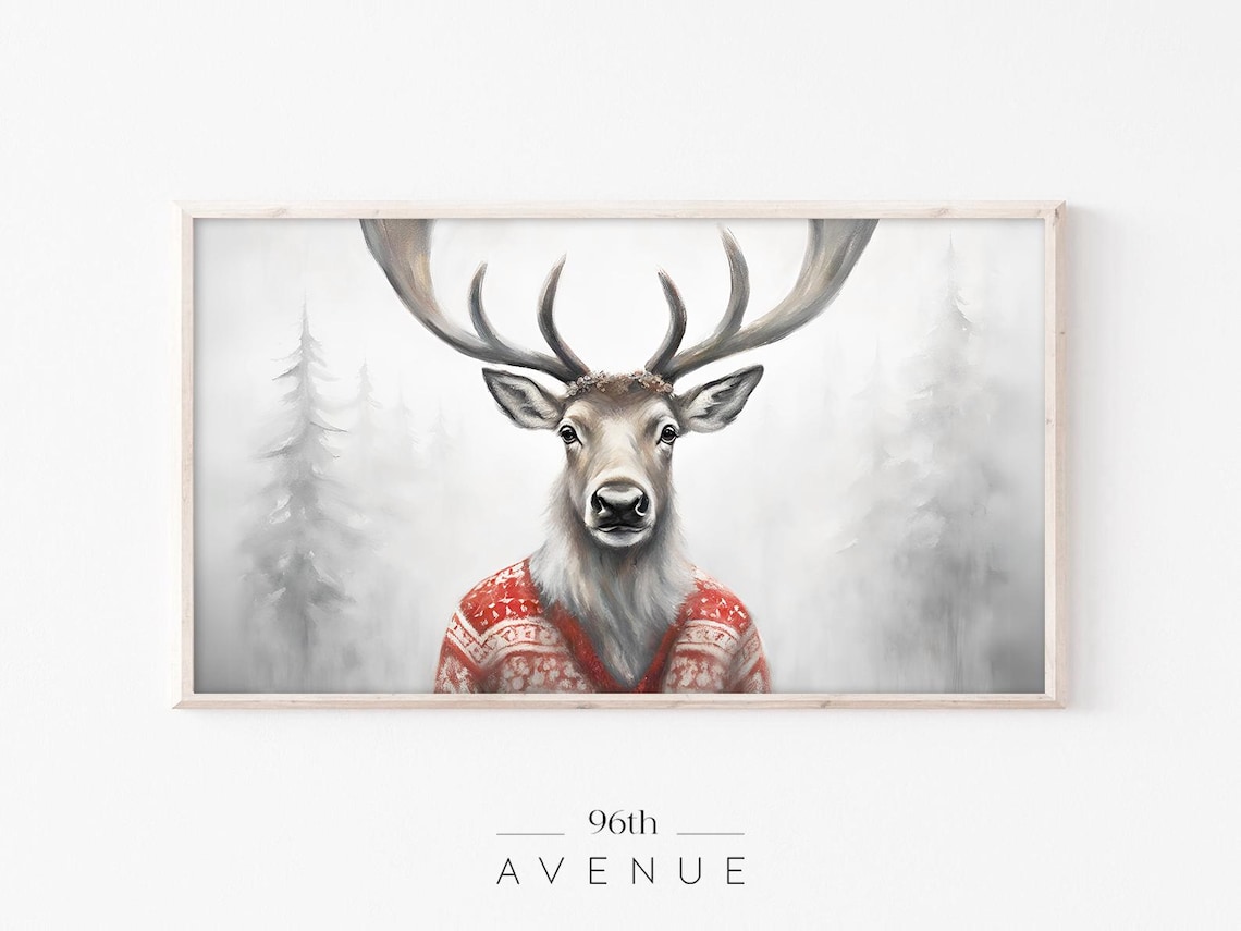 Deer in Red Christmas Sweater Festive Winter Animal Portrait Poster