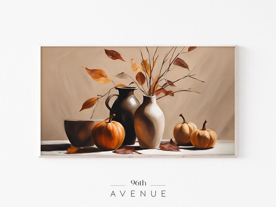 Autumn Still Life with Pumpkins and Vases Warm Fall Painting Poster